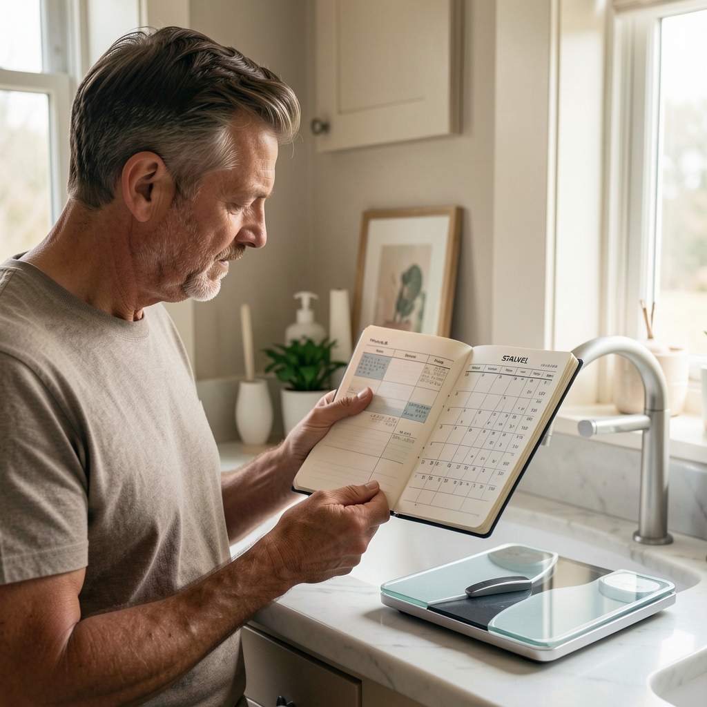 Man comparing a notebook chart with a bathroom scale in a softly lit home — Stalvel editorial