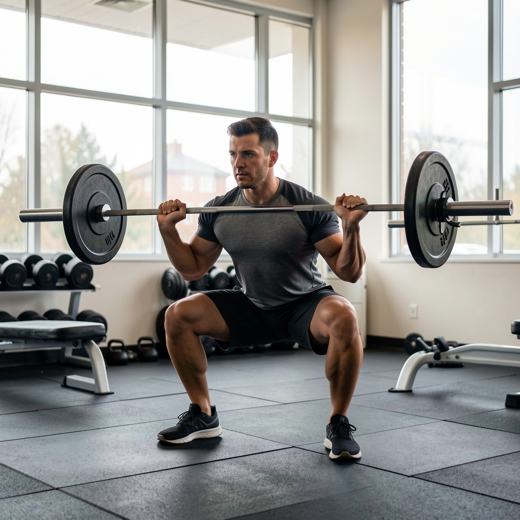Man performing a barbell squat in a quiet gym with natural light through large windows